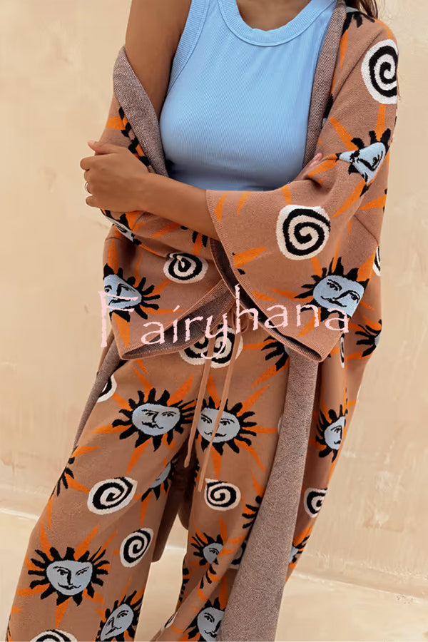 Mediterranean Art Knit Unique Sun Vortex Print Bell Sleeve Long Cardigan