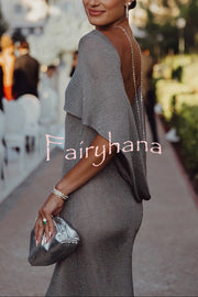 Fit and Elegance Fine Shimmering Fabric Open Cowl Back Draped Neckline Maxi Dress