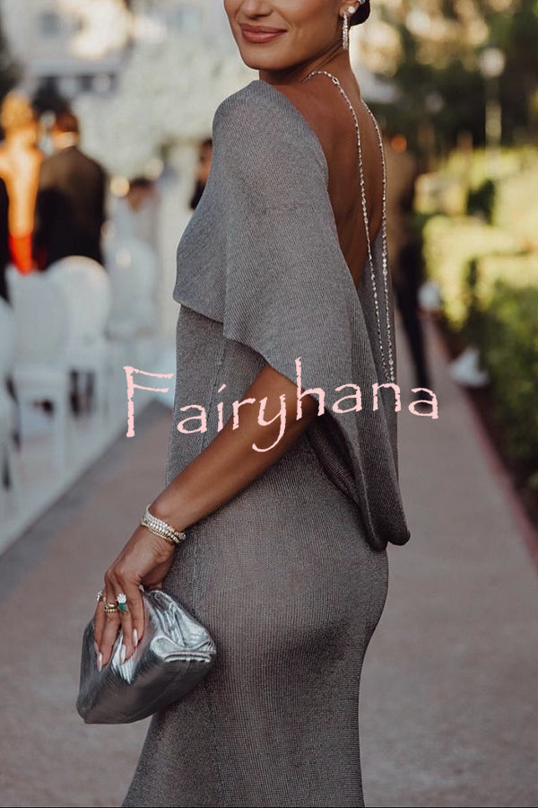 Fit and Elegance Fine Shimmering Fabric Open Cowl Back Draped Neckline Maxi Dress