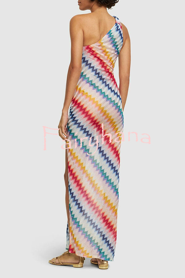 Vacay Charm Knit Colorful Zigzag Pattern One Shoulder Slit Maxi Dress