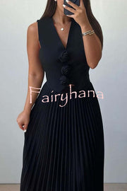Stylish Rosette Sleeveless Tank Top and Pleated Maxi Skirt Set