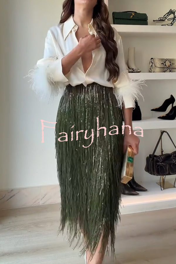 Party Crasher Layered Sequined Tassels High Rise Back Zipper Midi Skirt