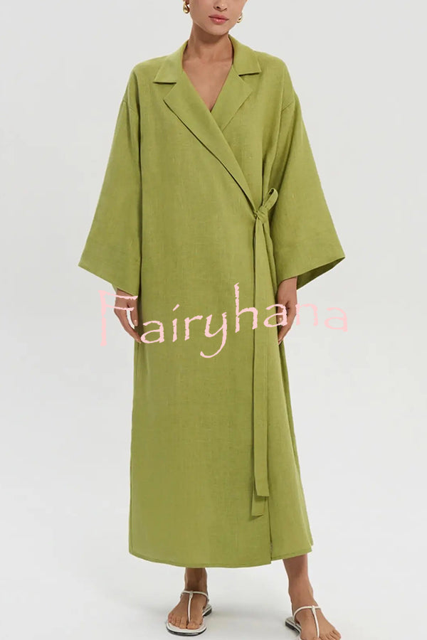 Linen Blend Solid Color Casual Lapel Tie Loose Maxi Dress