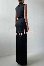 Solid Color Casual Sleeveless Crop Top and Elegant Button-down Maxi Skirt Set