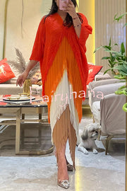 Fashionable Color-blocked Multi-layered Tassel Loose Midi Dress