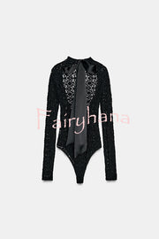Anna Semi-sheer Lace Long Sleeve Back Bow Tie-up Cutout Stretch Bodysuit