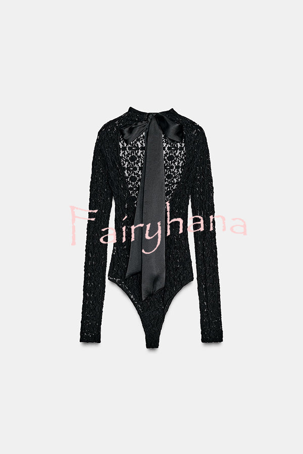 Anna Semi-sheer Lace Long Sleeve Back Bow Tie-up Cutout Stretch Bodysuit