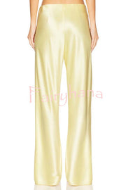 Odessa Satin Floral Lace Hem Strapless Tank and Mid Rise Wide Leg Pants Set