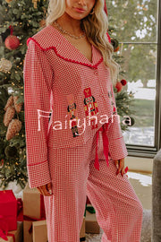 Nutcracker Charm Embroidered Gingham Loose Shirt and Elastic Waist Pajama Set