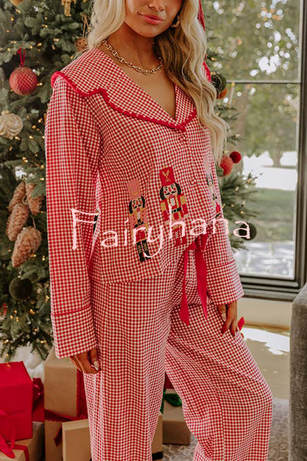 Nutcracker Charm Embroidered Gingham Loose Shirt and Elastic Waist Pajama Set