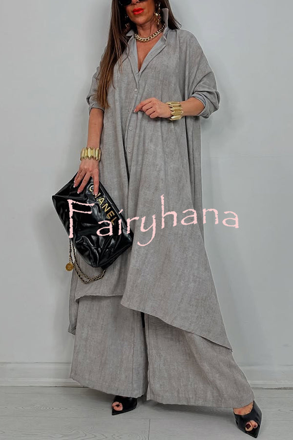 Solid Color Casual Loose Long Shirt and Elastic Waist Pocket Wide Leg Pants Set