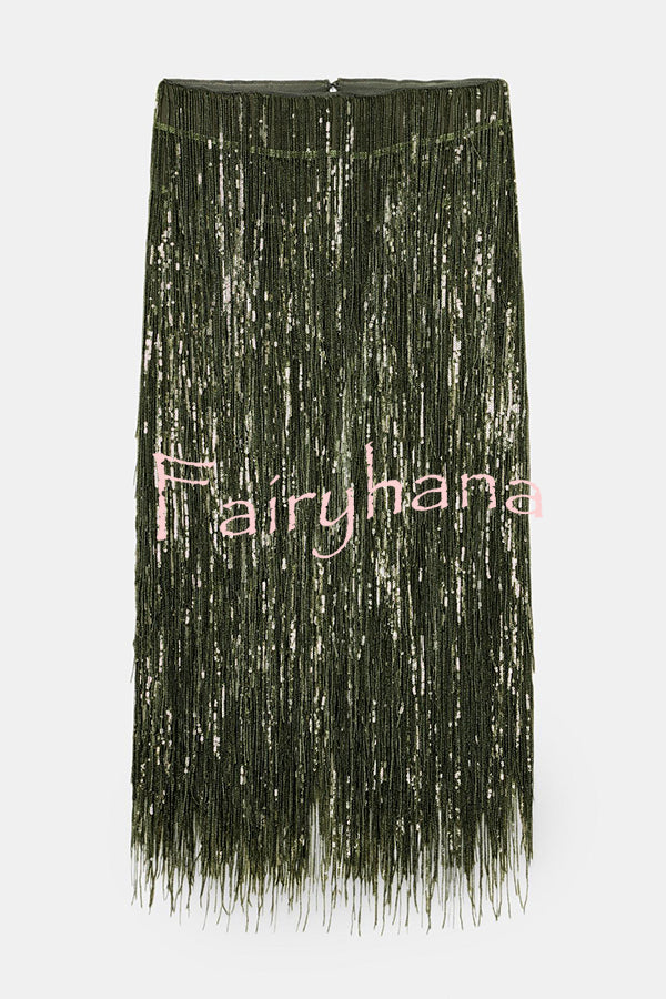 Stylish Sequined Tassel Elegant Midi Skirt