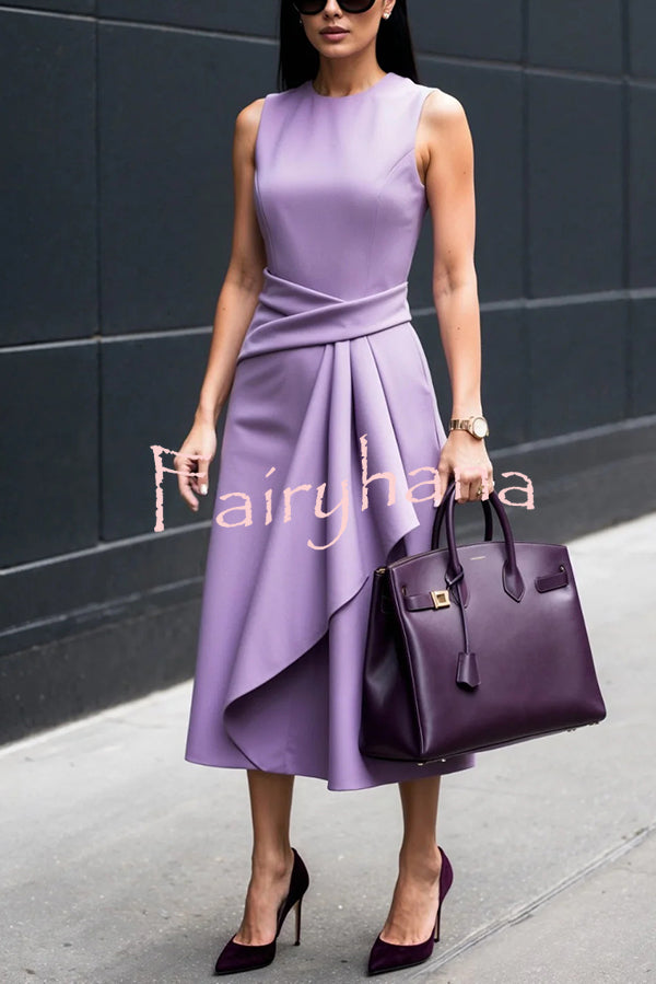 Office Chic Solid Fitted Sleeveless Crossover Draped Ruffle Midi Dress