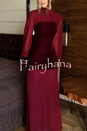 Hildie Chiffon and Two-piece Velvet Lace-up Bra High Neck Long Sleeve Maxi Dress