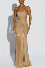 Paula Sequined Mesh and Jersey Off Shoulder Ruched Knot Drape Shawl Maxi Dress