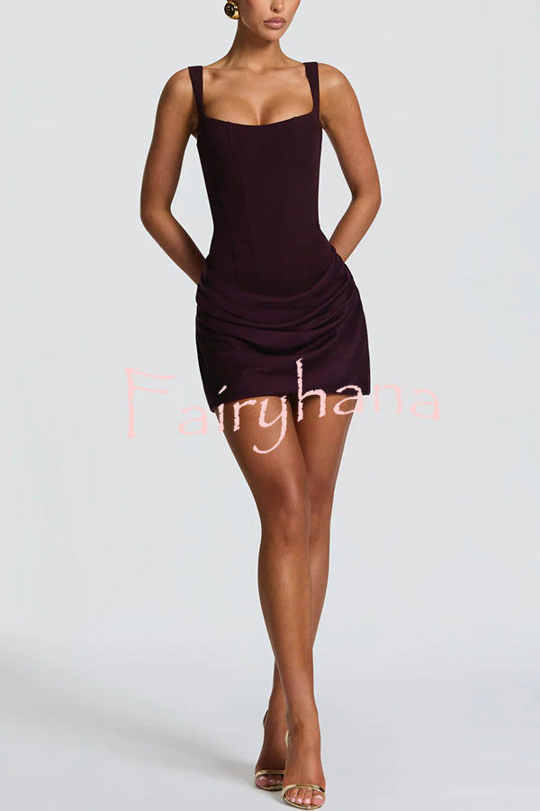 Cornelia Square Neck Back Lace-up Satin Drape Hem Mini Dress