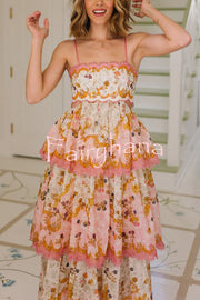 Charming Smile Floral Print Scalloped Lace-trim Back Tie-up Tiered Maxi Dress