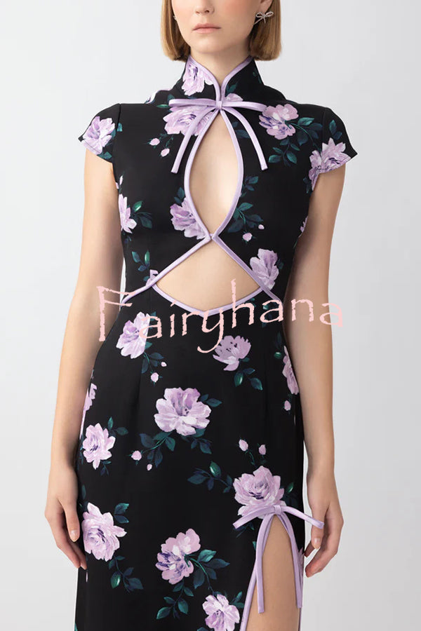 Lavender Flower Print Cutout Bow Details Thigh-high Slit Cheongsam Maxi Dress