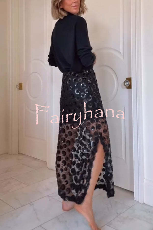 Gorgeous Flower Embellished Sequin Sheer High Rise Slit Midi Skirt