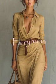 City Sleek Single Breasted Long Sleeve Warp Slit Shirt Maxi Dress