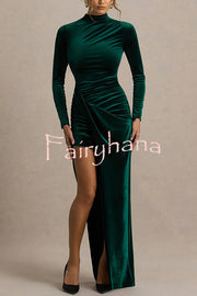 Wishes Velvet High Neck Long Sleeve Ruched Waist Wrap Slit Stretch Maxi Dress