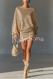 Glow Season Sequin Long Lantern Sleeve Ruched Hip Loose Mini Dress