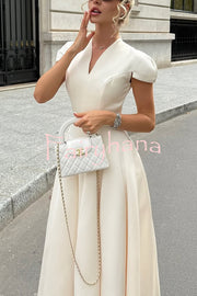 Solid Color V-neck Waist Elegant Full Hem Maxi Dress