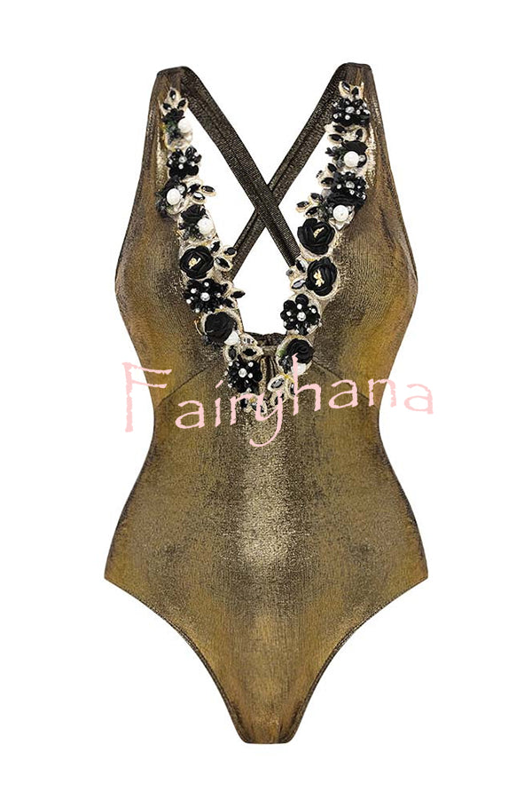 Solid Color Shiny Fabric Deep V Metal Embellished Stretch One-piece Swimsuit