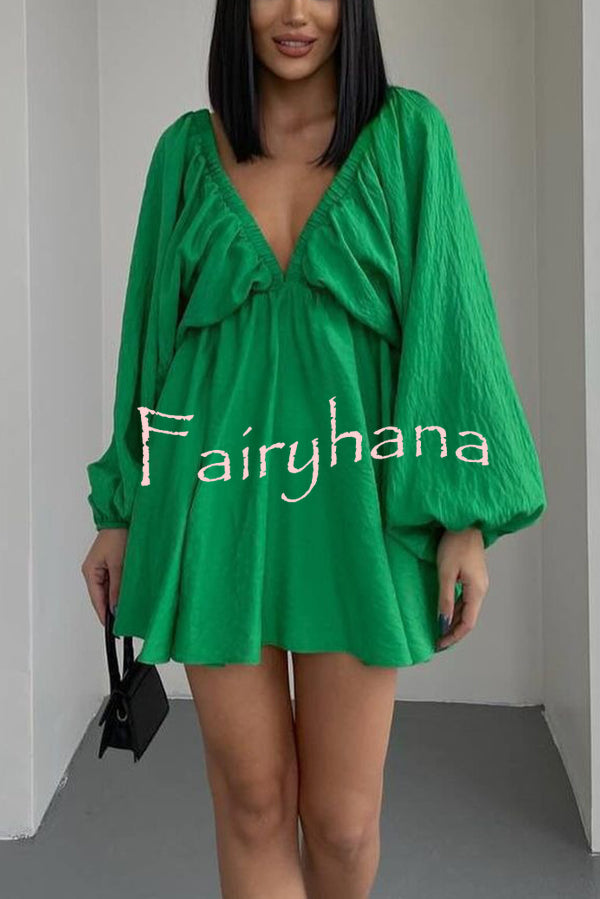 V Neck Puff Sleeve Solid Color Resort Style Mini Dress