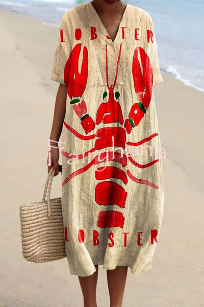 Unique Marine Print V-neck Short-sleeved Midi Dress