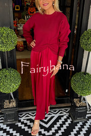 Practical Fashion Knit Ruched Sweater and Satin Stretch Tank Midi Dress Two-piece Set