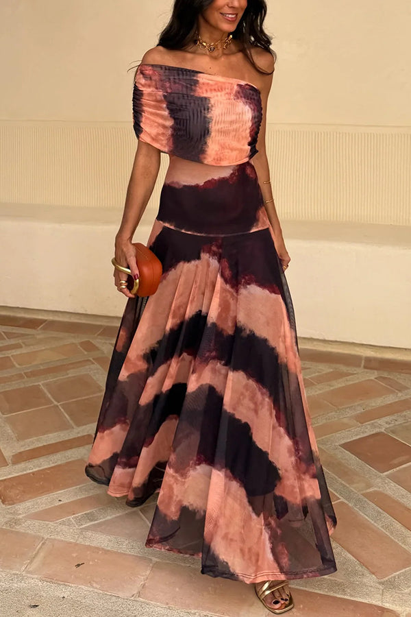 Unique Printed Off-the-shoulder Waisted Holiday Maxi Dress