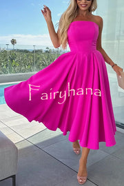 Sweet Cascade Solid Color Off Shoulder Pocket Full Hem Midi Dress