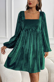 Solid Color Velvet Square Neck Long Sleeve Pocket Casual Mini Dress