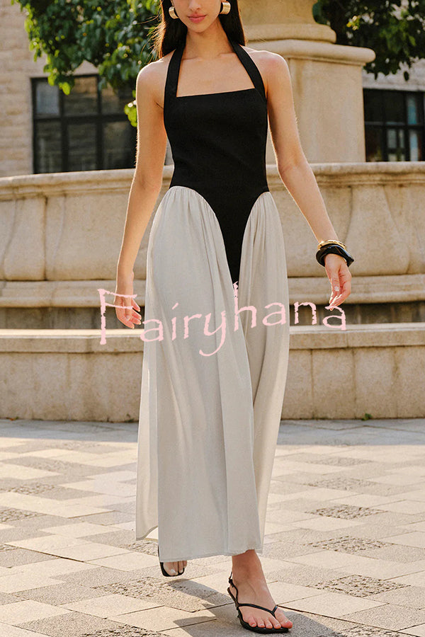 Fashion Contrast Color Stitching Sleeveless Backless Slim Maxi Dress