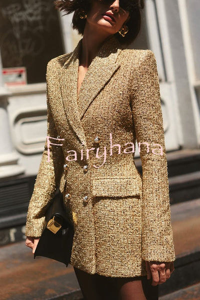 Heels Click Tweed Fabric Pearl Button Long Sleeve Lapel Blazer Mini Dress