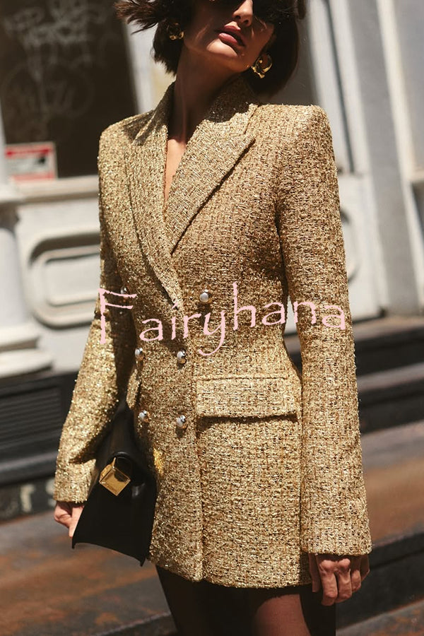 Heels Click Tweed Fabric Pearl Button Long Sleeve Lapel Blazer Mini Dress