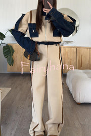 Chill Whispers Denim Patchwork Sweatshirt Fabric Striped Elastic Waist Pocket Loose Pants