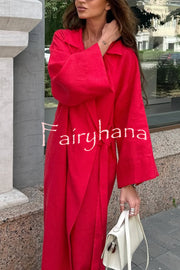 Linen Blend Solid Color Casual Lapel Tie Loose Maxi Dress