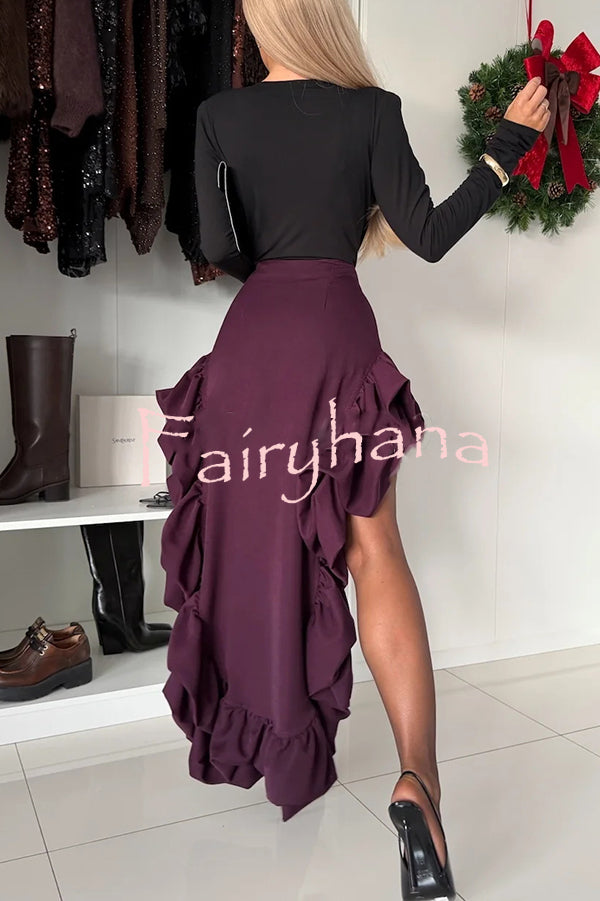 Toast To Midnight Solid Color High Rise Irregular Ruffled High Low Maxi Skirt