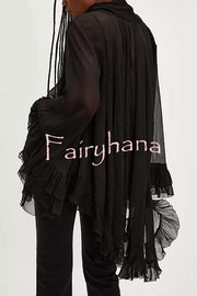 Flowy See-through Ruffle Tie-up Neck Bell Sleeve High-low Hem Cape Shirt