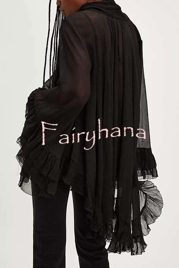 Flowy See-through Ruffle Tie-up Neck Bell Sleeve High-low Hem Cape Shirt