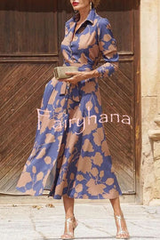 Lapel Floral Print Lace Up Buttoned Pockets Long Sleeve Midi Dress