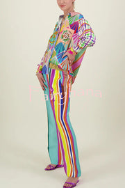 You Make Me Wonder Satin Colorful Unique Print Button Down Oversized Blouse