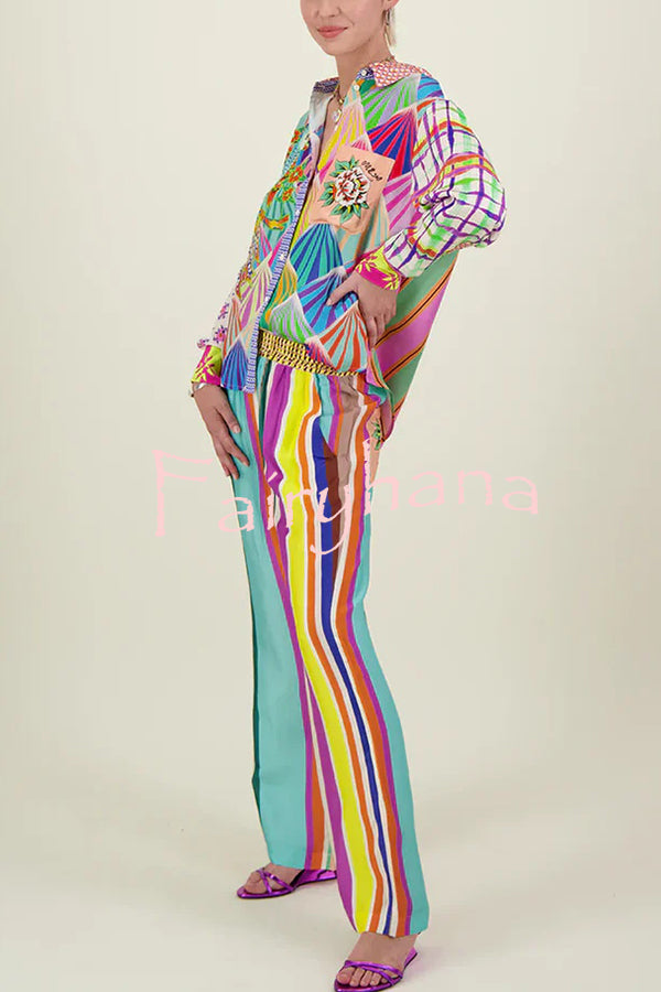 You Make Me Wonder Satin Colorful Unique Print Button Down Oversized Blouse