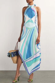 Ansela Satin Unique Print Halter Scarf Tank and Asymmetrical Maxi Skirt Set
