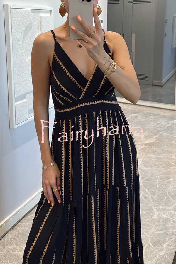 Striped Printed Suspender V-Neck Full Hem Loose Holiday Maxi Dress