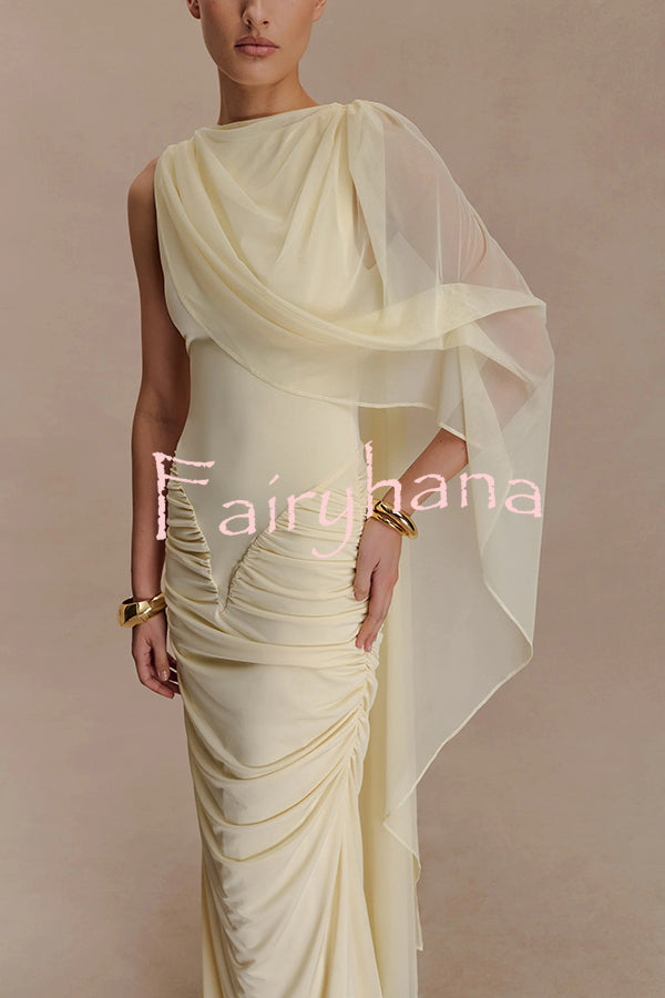 Fashionable Mesh Shawl Sleeveless Slim Fit Pleated Maxi Dress
