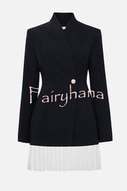 Fashionable Contrast Color Elegant Long Sleeve Pleated Suit Mini Dress