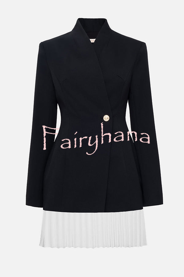 Fashionable Contrast Color Elegant Long Sleeve Pleated Suit Mini Dress